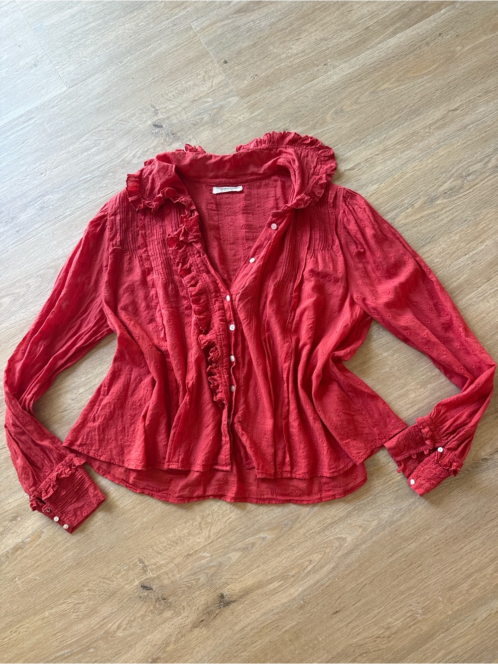 Doen Red Ruffled Button-Front Women's Blouse Small